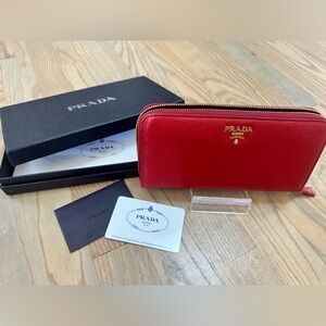 Prada Red Saffiano Leather Zip Wallet- With box and COA- Like New